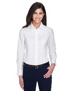 Harriton M600W - Ladies Long-Sleeve Oxford with Stain-Release Blanc