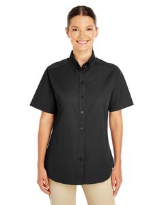 Harriton M582W - Ladies Foundation 100% Cotton Short Sleeve Twill Shirt Teflon Black