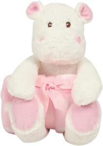 Mumbles MM606 - WHITE HIPPO WITH PRINTED FLEECE BLANKET White / Pink